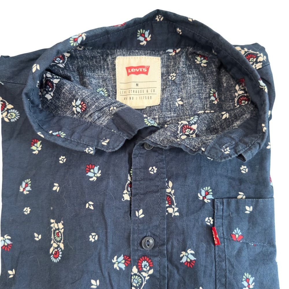 Levi's Mens Size M Navy Blue Floral Calico Print Cotton Short Sleeve Shirt Camp